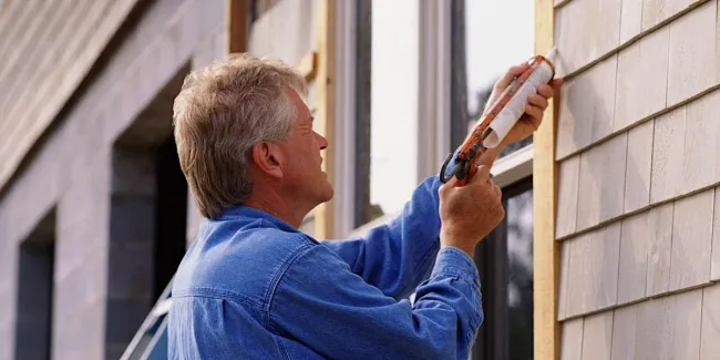 Man outside sealing a home window 