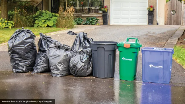 Garbage bags, garbage bin, compost bin and blue box at the curbside