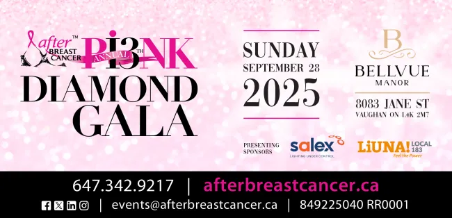 Pink sparkly banner for After Breast Cancer 13th Annual Pink Diamond Gala on September 28, 2025 at Bellvue Manor, with contact info and sponsor logos.