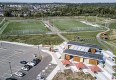 Aerial view of NMRP soccer fields, parking lot and pavilion, 2019. 