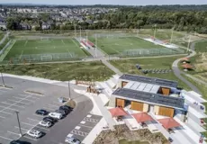 Aerial view of NMRP soccer fields, parking lot and pavilion, 2019.