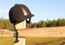 A black riding helmet hung on a fence post with a forest of green trees in the background