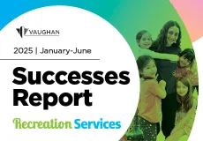 Successes Report text, green and blue gradient with a female camp counsellor, with female students
