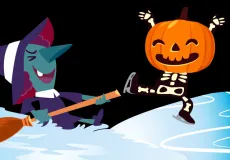 Whimsical illustration of a witch swimming and a pumpkin skating