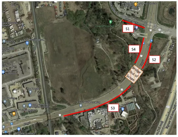 Aerial image of Highway 7 between Bowes Road and N. Rivermede Road. In the eastbound lane, a cycle track is proposed between the bridge west of Bowes Road and N. Rivermede Road – however, cycle tracks will not be installed on the bridge east of Angelo’s Garden Centre. In the westbound lane, cycle tracks will begin east of N. Rivermede Road and stop at the same bridge. Cycle tracks are also proposed on N. Rivermede Road in the southbound lane between Langstaff Eco Park and the Highway 7 intersection.