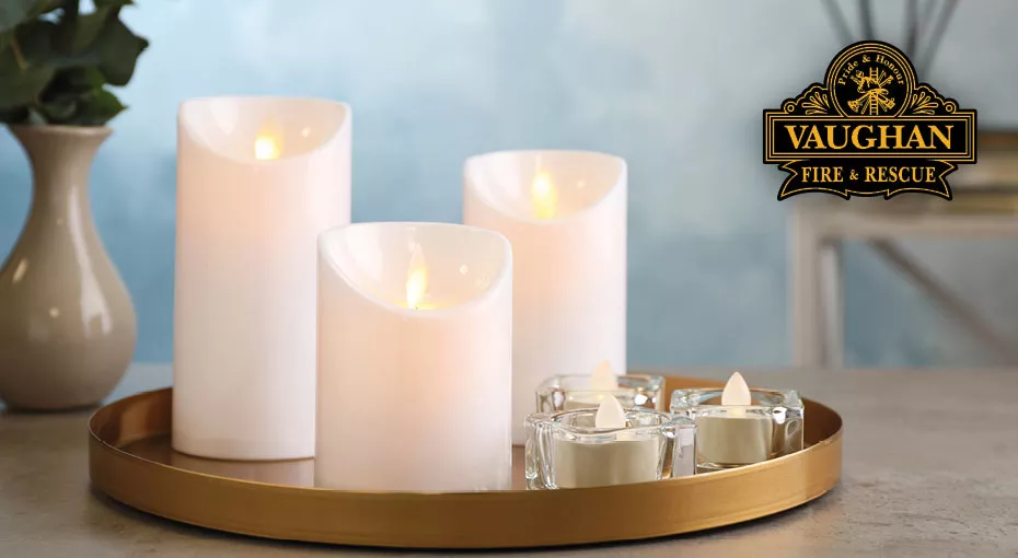 Flameless candles on a gold tray