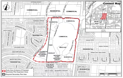 Graphic shows the boundaries of the Promenade Centre Public Realm Framework and Urban Design Guidelines Study
