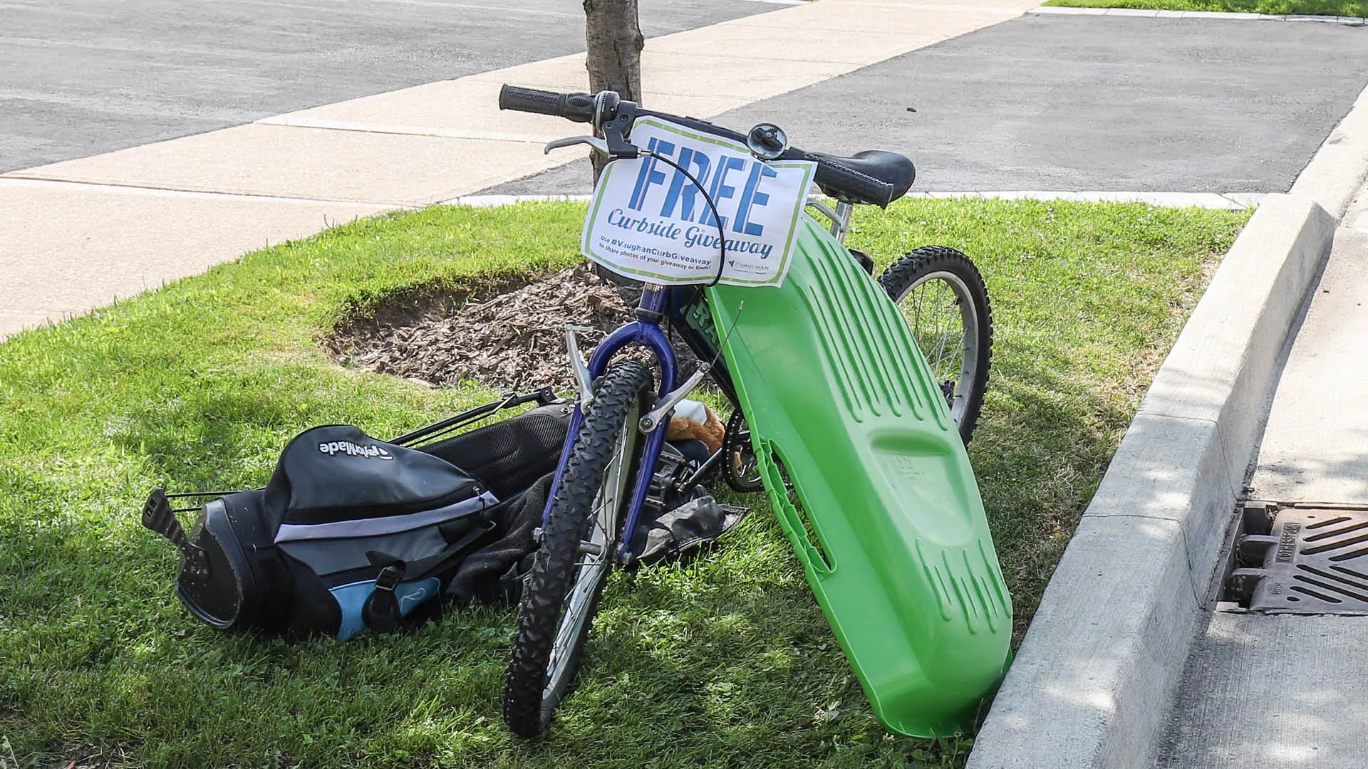 golf club bag, bicycle and green tub at the curb