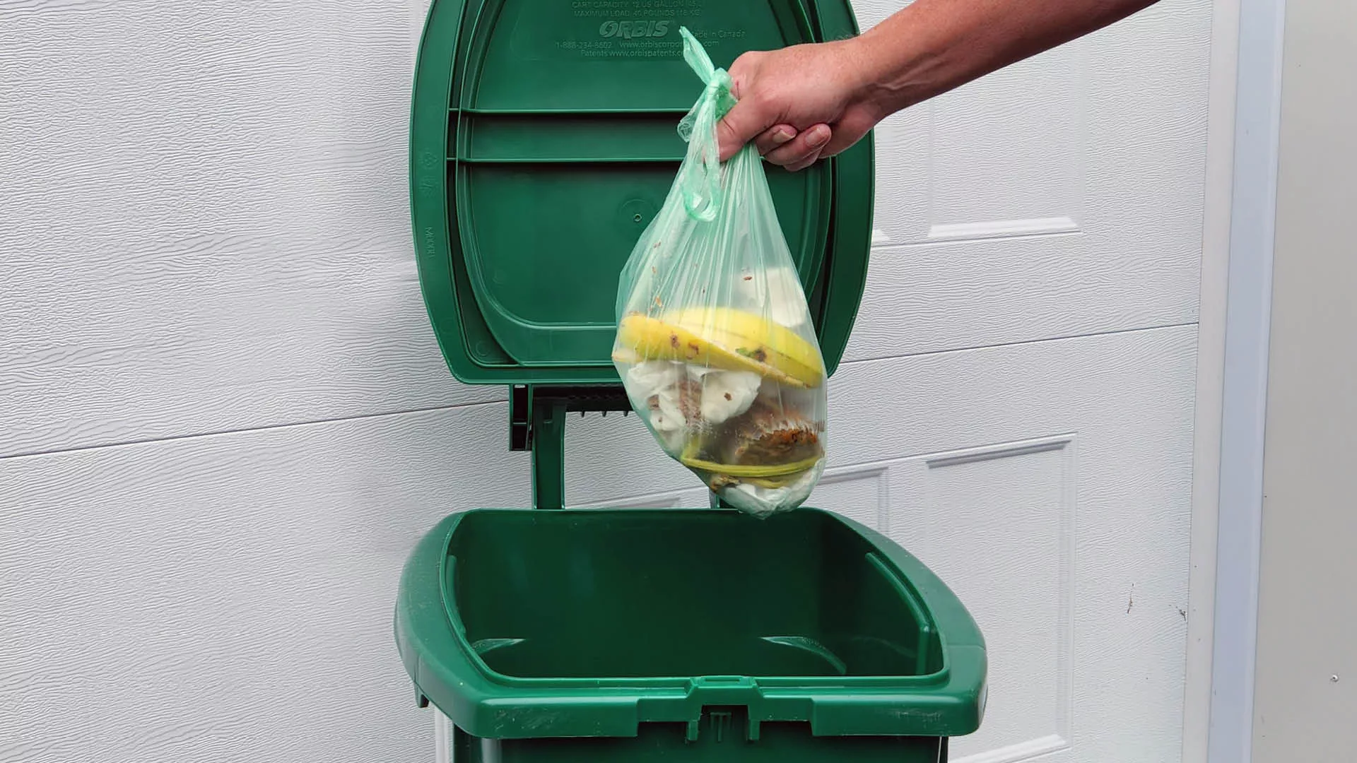 someone putting organics into a green bin
