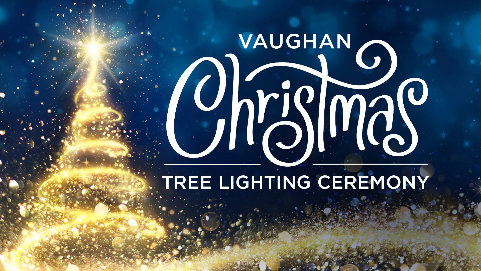 Image with blue background, white event title and a rendition of a gold lit christmas tree.