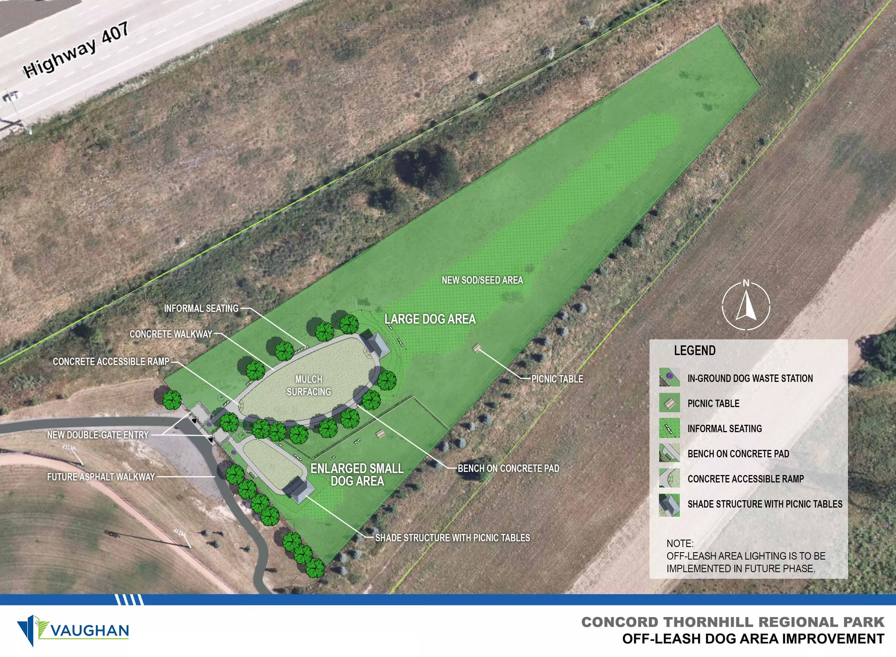 This is an aerial image of the off-leash dog park at Concord Thornhill Regional Park.