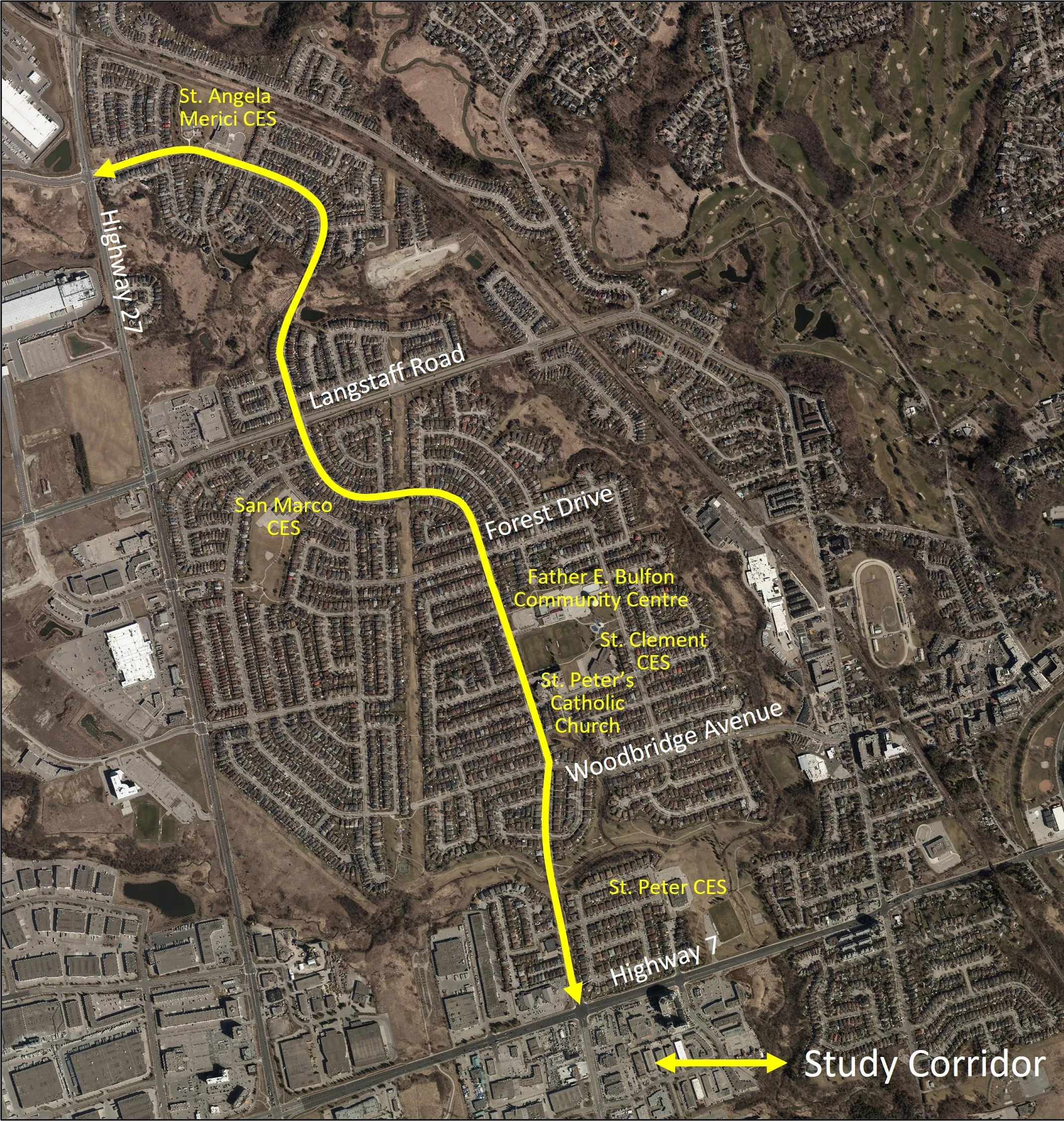 Aerial image of the study area with a yellow line highlighting the portion of Martin Grove Road from Highway 27 to Highway 7.