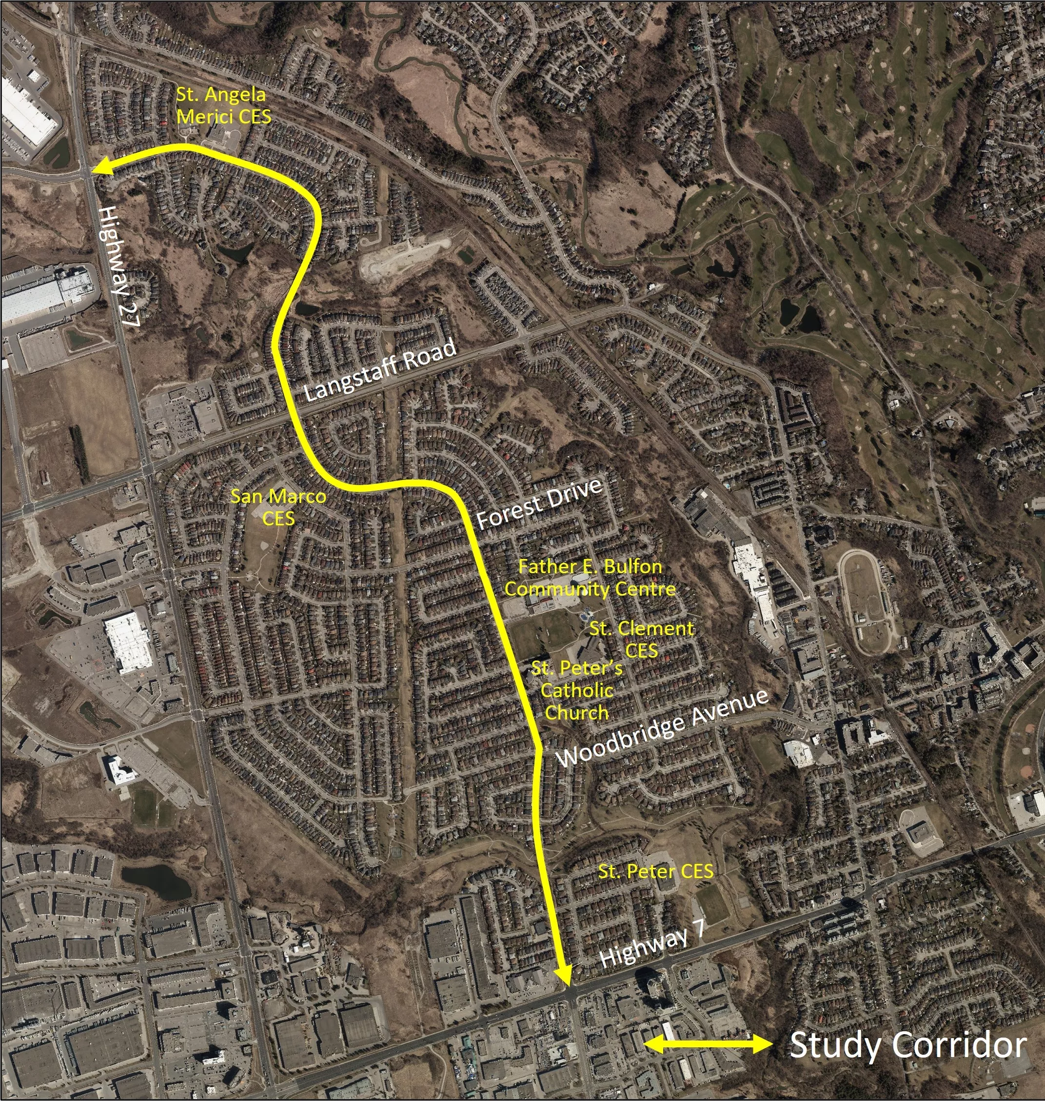 Aerial image of the study area with a yellow line highlighting the portion of Martin Grove Road from Highway 27 to Highway 7. 