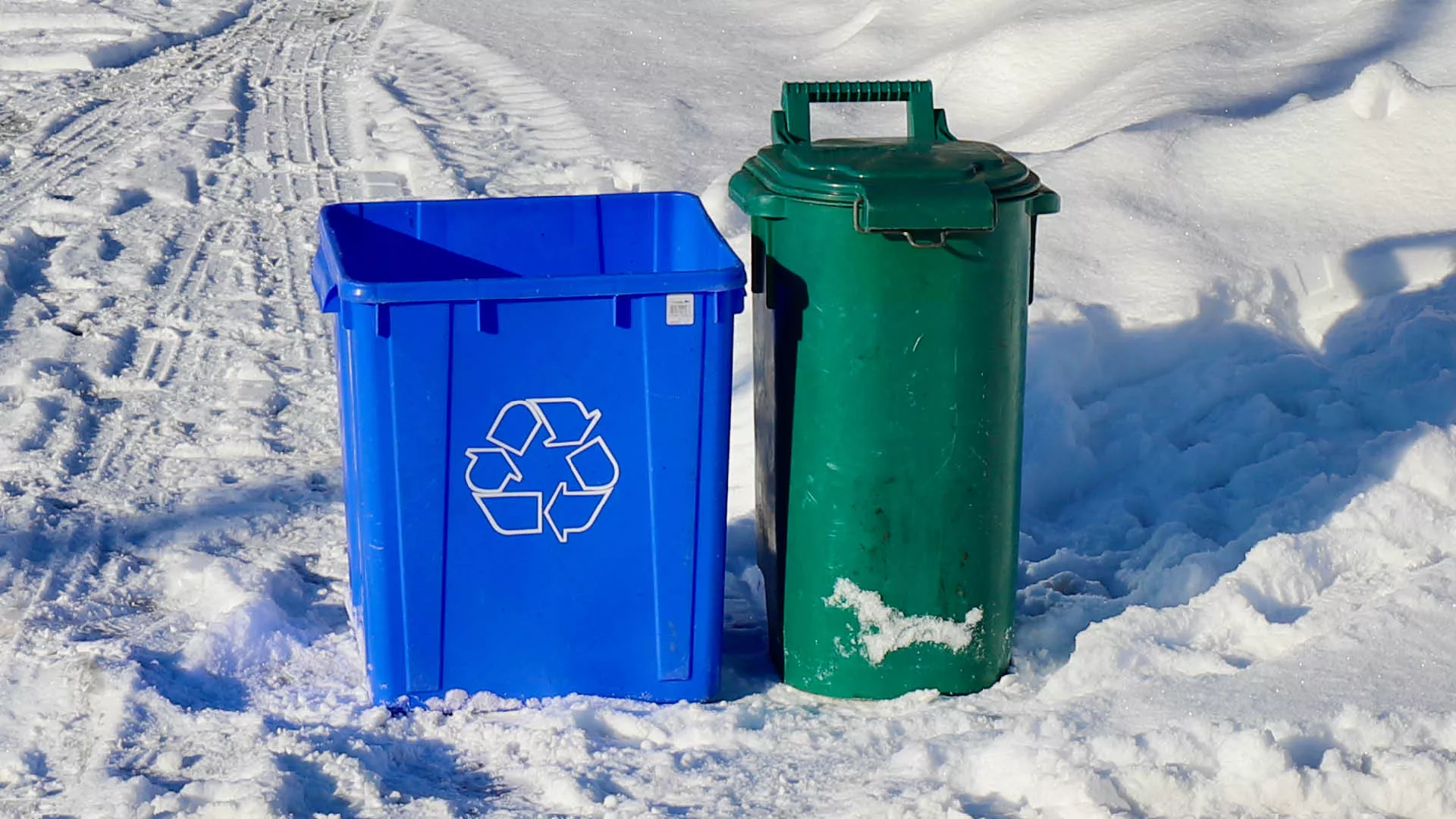 blue box and green bin in snow