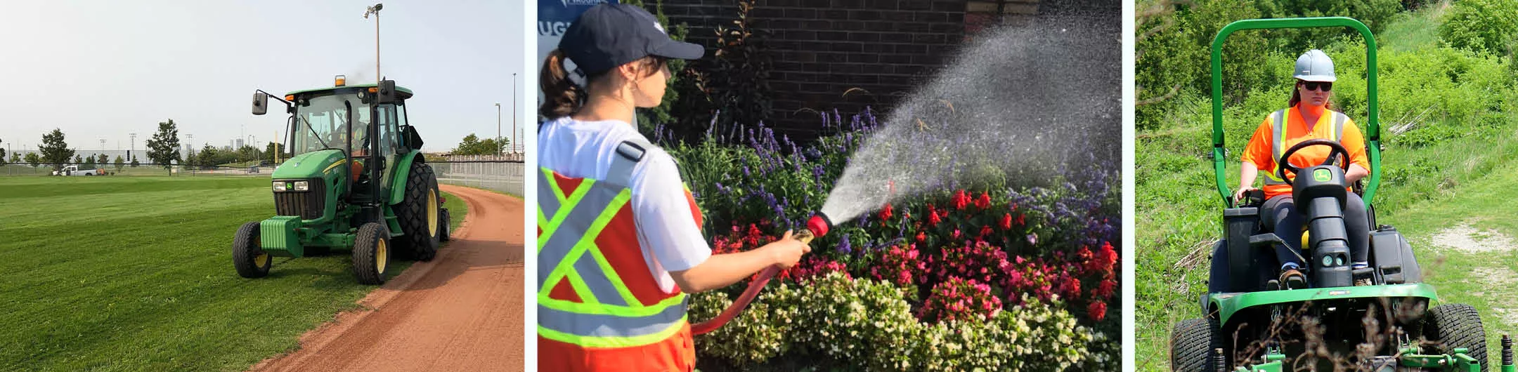 An image of a city employee in a tractor, an image of a city employee watering plants and an image of a city employee in a lawn mower