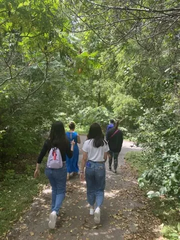 Group of people walking along a forest trail