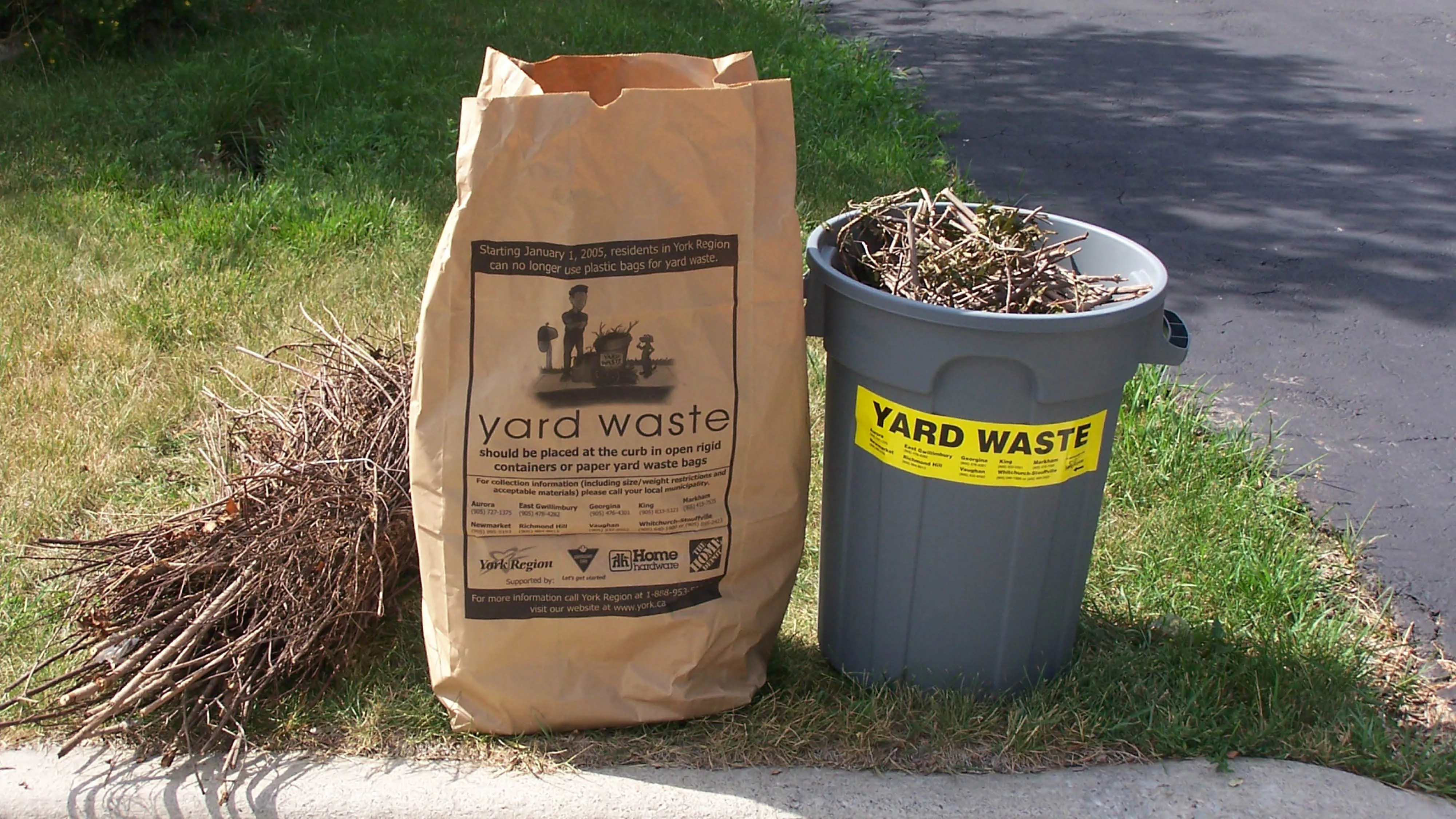 a yard waste bag and bin at the curb