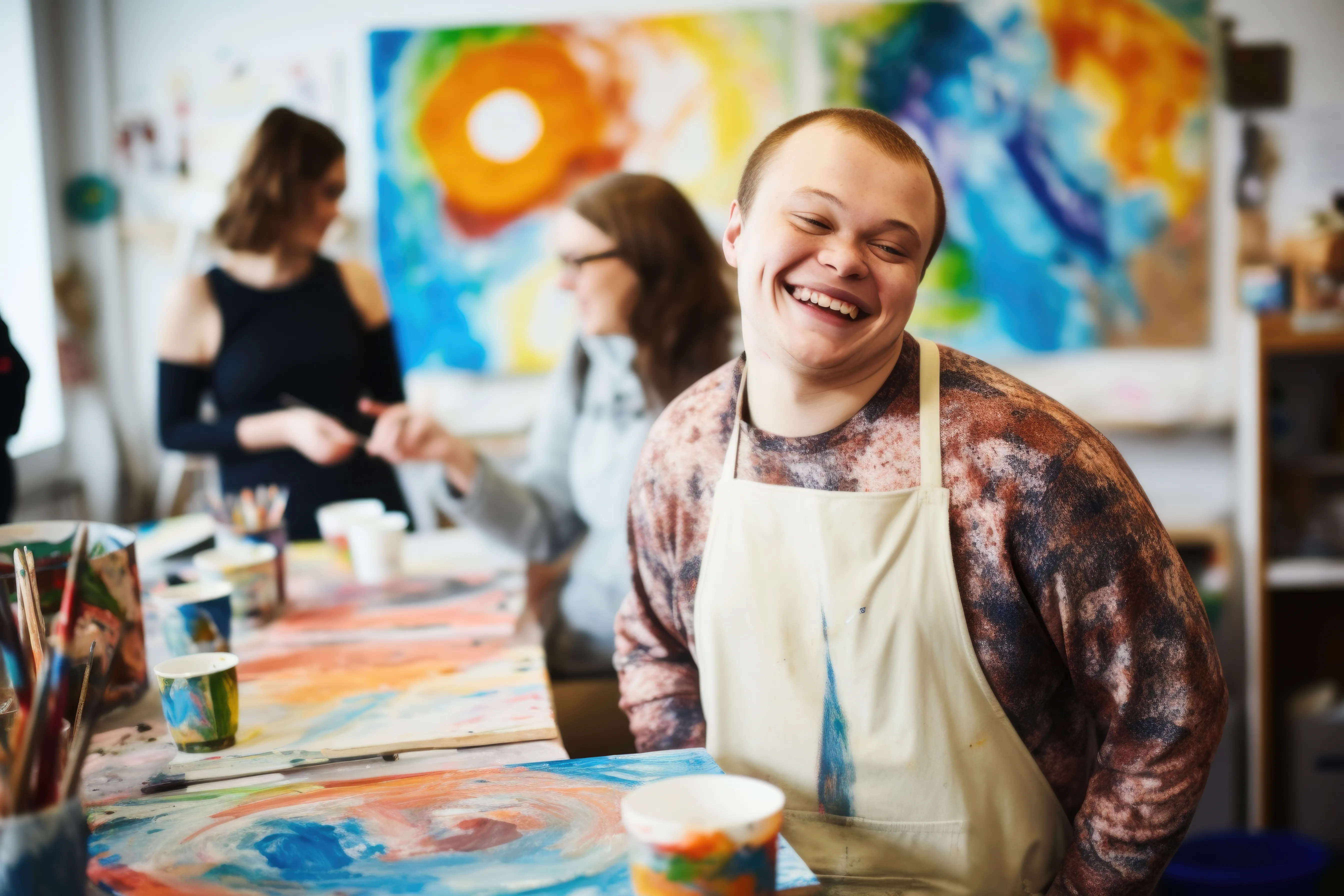 young adult with a disability smiling in a art class