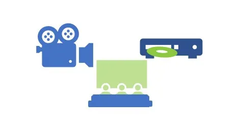 Movie camera, DVD player and people watching TV on a sofa