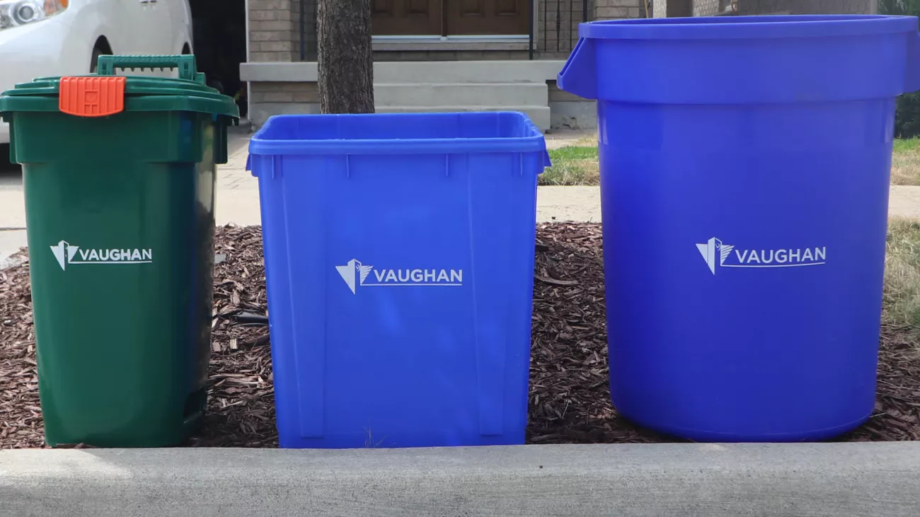 one green bin and two blue boxes